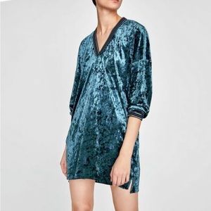 ZARA Crushed Velvet V Neck Pocket Mini Dress Tunic Teal Small NWT